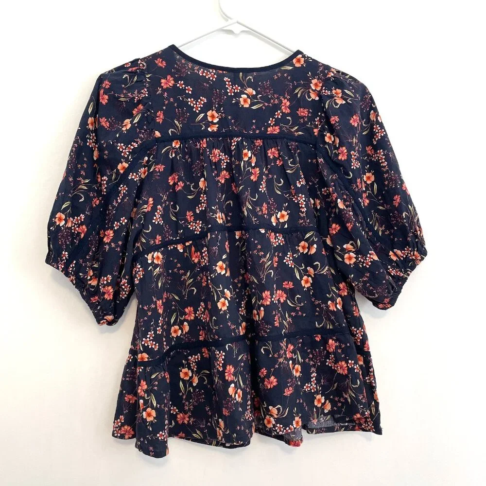 OLD NAVY Puff Sleeve Floral Tiered Swing Blouse Navy Blue Short Sleeve Peasant S